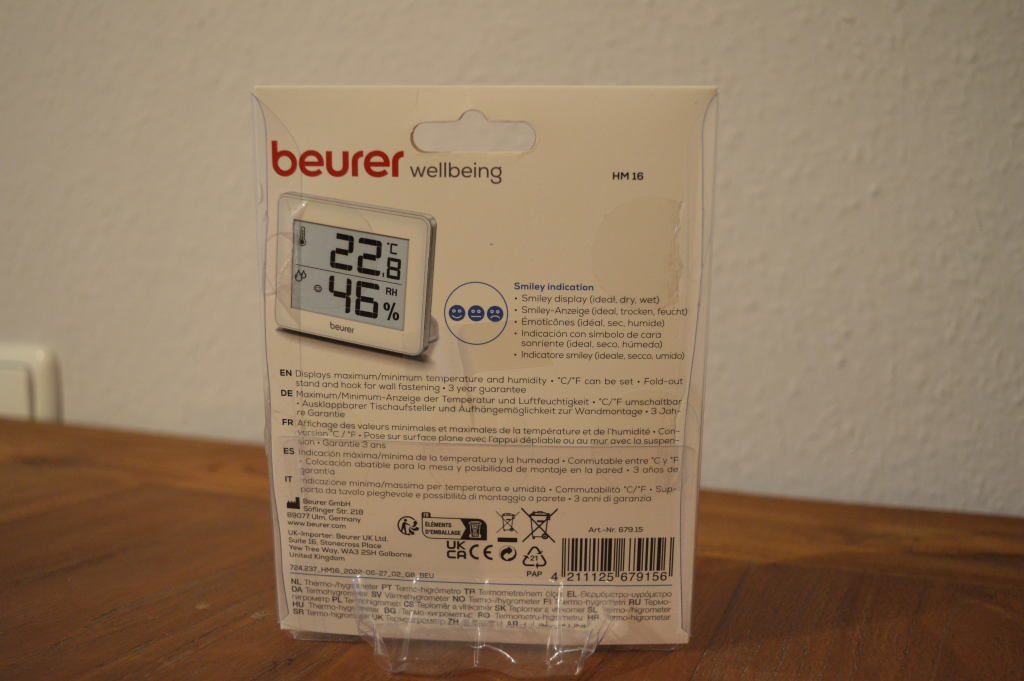 Beurer HM16 Thermo-Hygrometer Rückseite der Verpackung