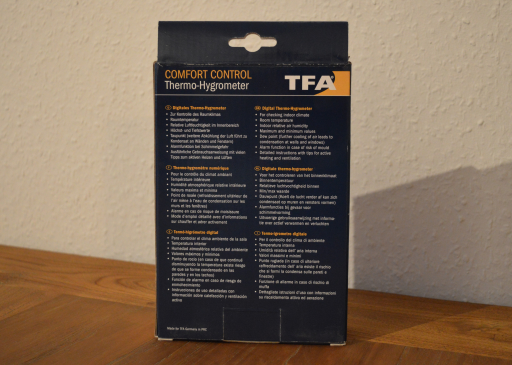 TFA Dostmann Comfort Control Thermo-Hygrometer Karton Ansicht Hinten